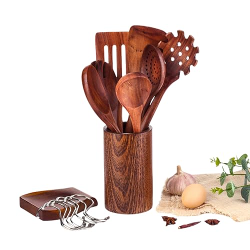 Wooden Kitchen Utensil Set with Holder, 6 Piece Cooking Tools with Spoons, Spatula, Strainer, Natural Wood - Image 5