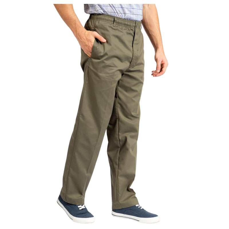 Mens Rugby Trousers Elasticated & Adjustable Waist Pant Smart Workwear Bottom with Drawstring Button and Zip Fly- Relaxed Fit Straight Leg Casual & Formal Trouser (Khaki 34W/29L)