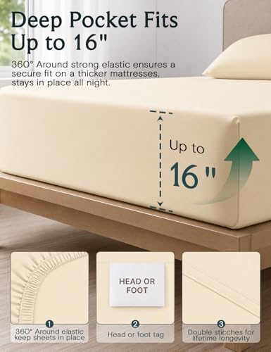 Image of LuxClub 4 PC Queen Sheet Set, Queen Size, Deep Pockets 18 inch Wrinkle Free Cooling Bed Sheets Machine Washable Hotel Bedding Silky Soft - Cream Queen