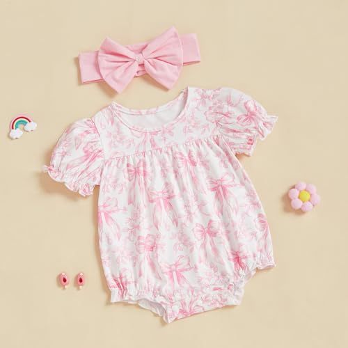 Baby Girl Vintage Bubble Romper Short Sleeve Ruffle Floral Bodysuit Newborn Summer Bow Clothes3