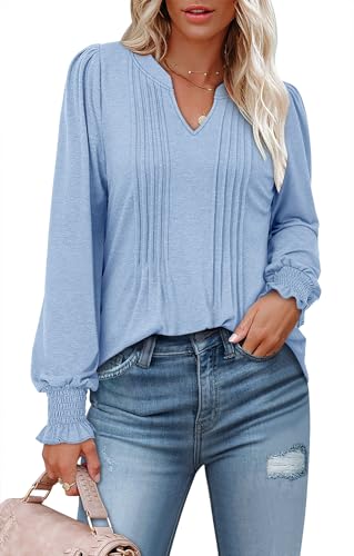 BETTE BOUTIK Long Sleeve Shirts for Women Fall Tops Dressy Blouses Pleated V Neck Tunic Tops for Leggings S-3XL