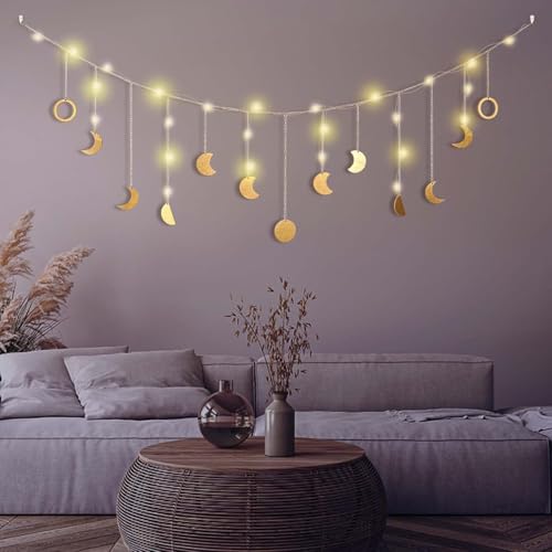 Mondphasen Girlande mit LED Lichterkette, Gold Wanddeko Boho, 144 cm 13 Monde Mond Girlande Aesthetic Boho Deko Girlande, Wandbehang Decor, Geburtstagsgeschenk Muttertagsgeschenk