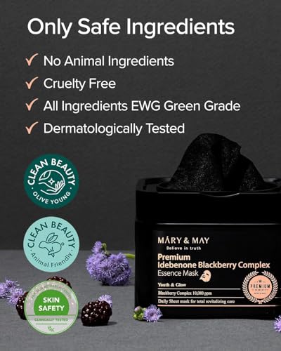 Image of Mary&May Idebenone Blackberry Essence Mask, Bamboo Charcoal, 20 Sheets | Premium Korean antioxidant mask, 500ppm idebenone, 63% berry, 6 peptides, stable vitamin C, niacinamide & ceramide, pull-out
