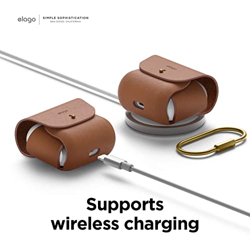 Image of elago Leather Case with Keychain Compatible with AirPods 3 Case, Natural Cowhide Leather Case with Brass Ring Holder, Supports Wireless Charging (Brown)