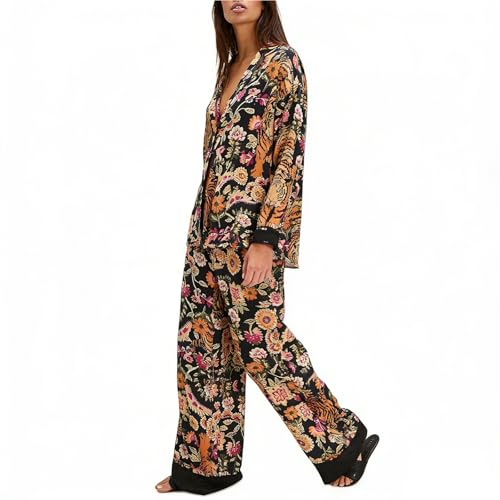 Image of Women Satin Pajama Set Floral Silk Pajamas 2 Piece Lounge Sets Button Down Shirts Wide Leg Pants Pjs Sleepwear