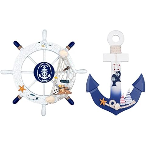 2 Pack 28 CM Nautical Wooden Ship Wheel and 28 CM Wood Anchor with Rope Nautical Beach Boat Steering Rudder Wall Decor Door Hanging Ornament Beach Theme Home Decoration(Blue&White) Cover