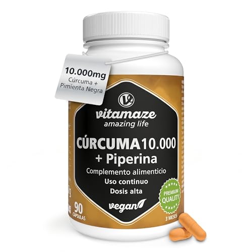 Cúrcuma Premium 10.000 mg (95%) + Bioperina (Pimienta Negra de Mayor Absorción), Alta Dosis, Sólo 1 Cápsula al Día Para 3 Meses, Vegano y Sin Aditivos, Fabricado en Alemania Vitamaze