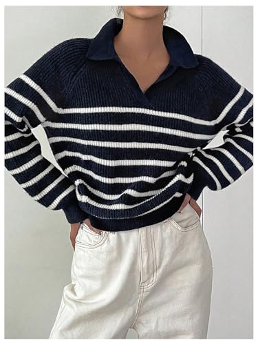 MakeMeChic Women's Collared Striped Sweater V Neck Long Sleeve Pullovers Casual Knit Tops3