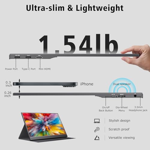 Image of 15.6 Inch Portable Monitor 1080P FHD IPS Gaming Display Monitor with USB-C & HDMI Light Weight Ultra-Slim External Second Screen with Smart Cover & Speakers for Laptop,PC, Mac, Phone, PS5, Switch
