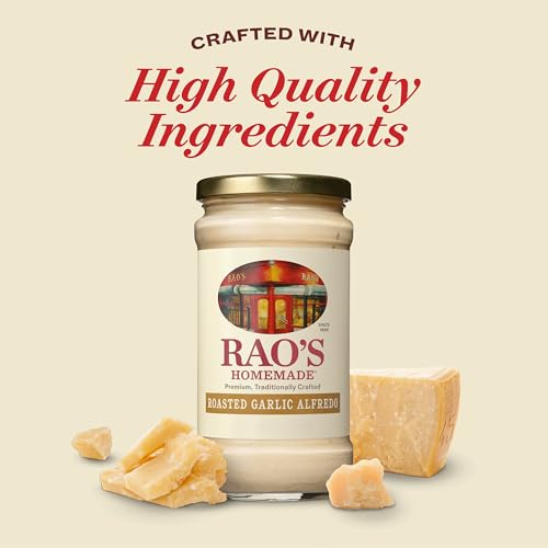 Image of Rao's Homemade Alfredo Sauce, Roasted Garlic Alfredo, 15 oz, Rich & Creamy Pasta Sauce, Carb Conscious, Keto Friendly, Premium Quality, Blend of Parmesan & Romano Cheese, Cream and Butter (Pack of 4)