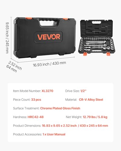 Image of VEVOR Socket Set, 33 Pieces, 1 /2 inch Drive Socket and Ratchet Set, SAE and Metric, Mechanic Tool Kit with Ratchet Wrench, Extension Bar and Storage Case, CR-V Alloy Steel, for Automotive Repair