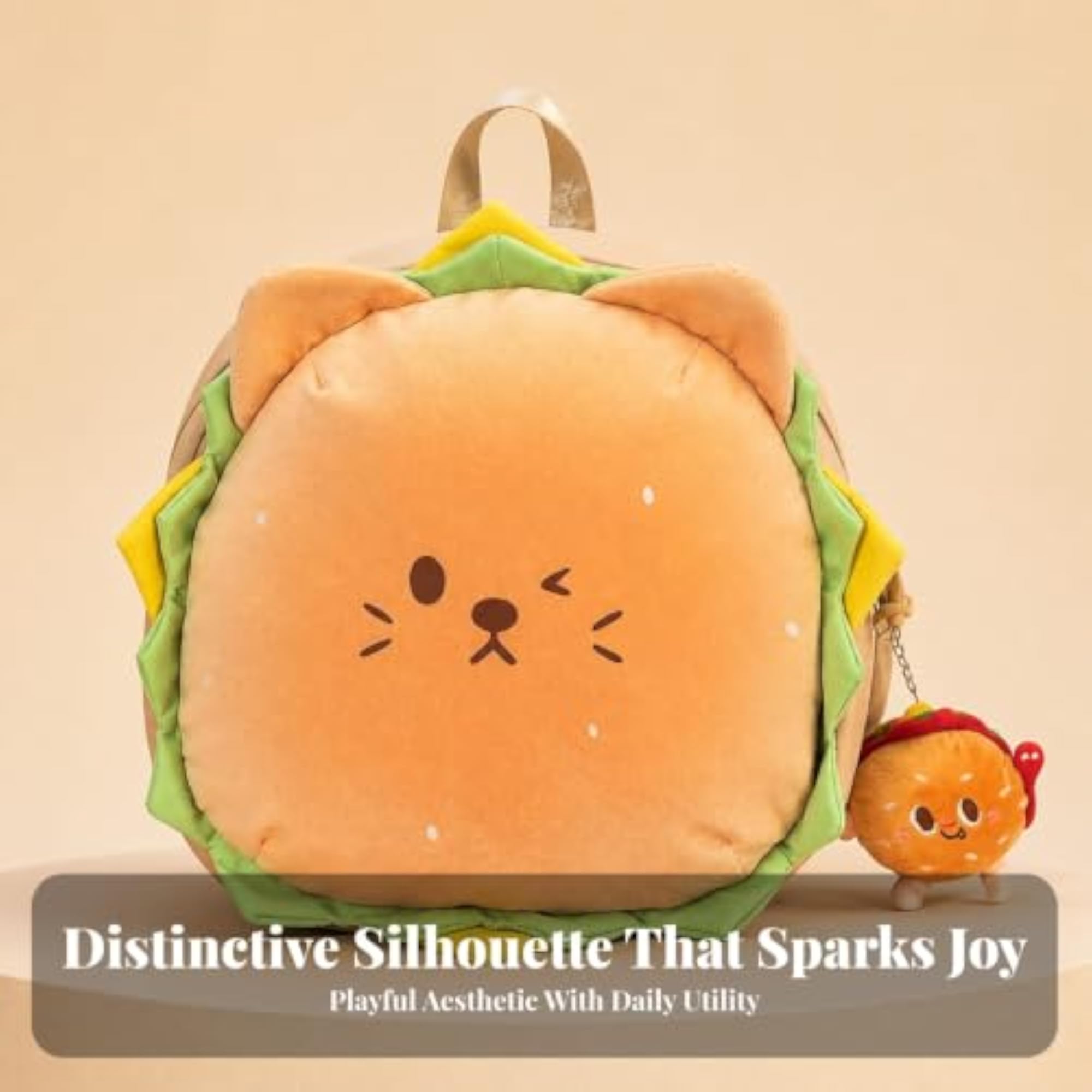 Cute Cat Backpack with Soft Toy Charm, Fun Hamburger Design