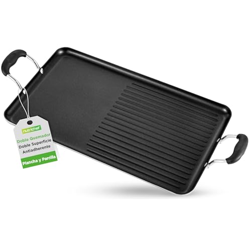 NutriChef Sartén de 61 cm, antiadherente, doble quemador y parrilla, superficie estriada y plana, apta para asar y freír, asas de tacto frío, fácil de limpiar