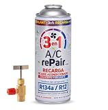 A/C rePair Recarga Aire Acondicionado Coche 3 en 1 Compatible R134a/R12 hasta 2016 – Sustituto Refrigerante con Sellador y Lubricante 400ml (1 ENVASE + LLAVE)