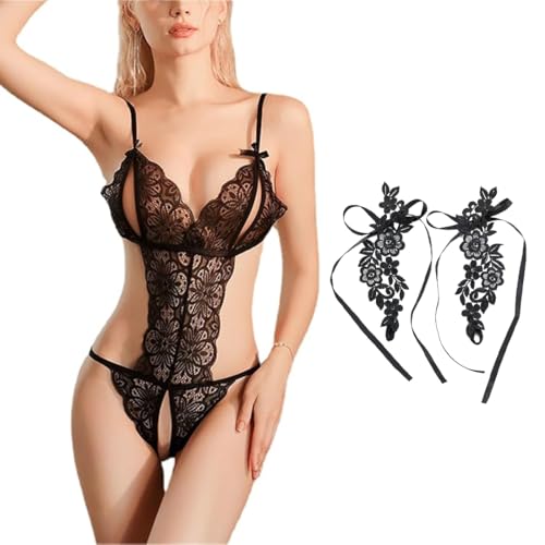 KEMUZ Lencería Sexy De Encaje para Mujer con Adornos De Encaje para El Pie - Babydoll Transparente con Diseño En V Y Tirantes Ajustables, Conjunto De Dormir Elegante para Bodas, Noches Especiales