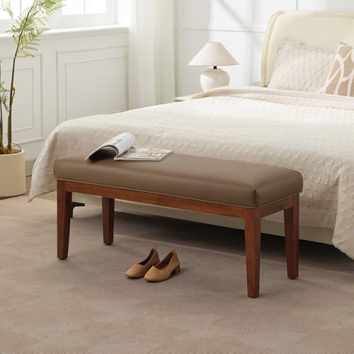 Image of WUTUTUEE 43.5'' Faux Leather Bedroom Bench, Upholstered End of Bed Bench, Padded Vintage Dining Bench, Entryway Bench with Solid Wood Legs, Kitchen, Living Room, Hallway, Brown