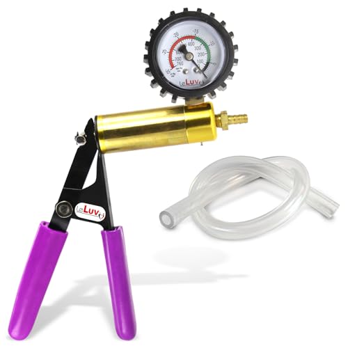 LeLuv Ultima Purple Vacuum Pump - Aluminum Alloy &amp; Brass Handle Manual Hand Vacuum (0-30 Hg, 0-760 mmHg), Gauge Installed with Protective Rubber Cover, Rubber Padded Grips with Clear Hose