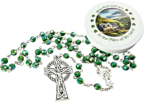 Irish Rosary Set Green Acrylic Bead with Metal Celtic Crucifix with Ireland Scene Case for First Communion or Saint Patricks Day