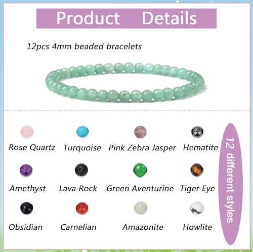 SAMOCO 12Pcs 4mm Crystal Beaded Bracelets for Women Men Semi-Precious Gemstones Bracelets Crystal Beaded Bracelet Unisex Adjustable Stretch Bracelets3