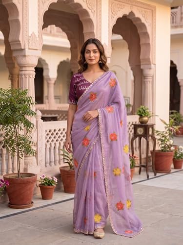Image of Handcrafted Floral Embroidered Saree with Contrast Blouse