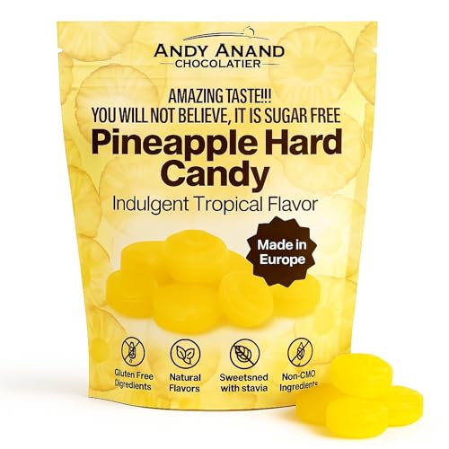 Andy Anand Chocolatier Sugar Free Pineapple Hard Candy | Stevia Sweetened, Keto & Diabetic Friendly, Gluten Free | European Crafted, Individually Wrapped, Non GMO, No Artificial Ingredients (7 Oz)