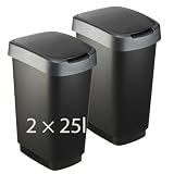 Rotho Twist Mülleimer Küche 2er-Set 25 L Mülleimer mit Deckel schmal...