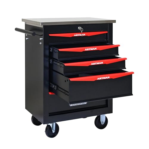 5-Drawer Heavy-Duty Rolling Steel Tool Cart with Handle&Wheels, Metal Storage Organizer Cabinet, Tool Chest for Efficient Tool Storage in Garage, Warehouse, Workshop, Repair Shop, Black&RED