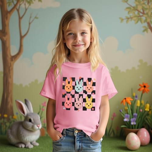 Image of SOFEON Kids Girls Easter Shirt Cute Bunny Graphic T-Shirt Funny Rabbit Flower Short Sleeve Tees Happy Easter Gift Tops