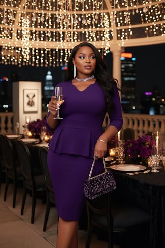 Image of Runwind Plus Size Dresses for Curvy Women, Work Church Professional Office Vintage Peplum Pencil Dress V Neck 3 /4 Sleeve