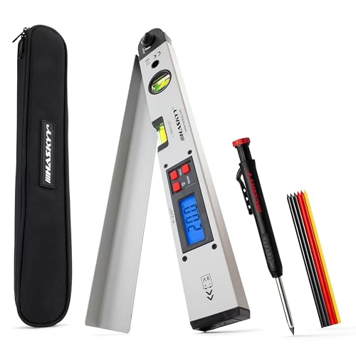 HASKYY Tieflochmarker Zimmermannsbleistift Set mit Winkelmesser Wasserwaage 0-225° Rotierender Winkelschmiege LCD Display 415mm Silber - Präzise Markieren & Messen für Handwerker & Baustelle