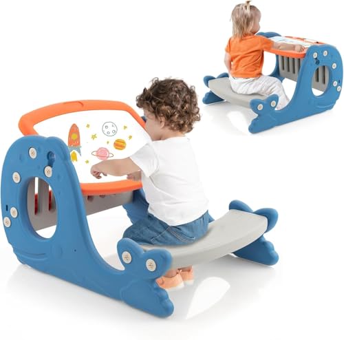 FANTASK Staffelei Kinder inkl. Tischplatte & Whiteboard & Bank, 4 in 1 Blau Standtafel doppelseitig in Walform, Maltisch Kindertisch mit Ablage für Kinder ab 1 Jahren