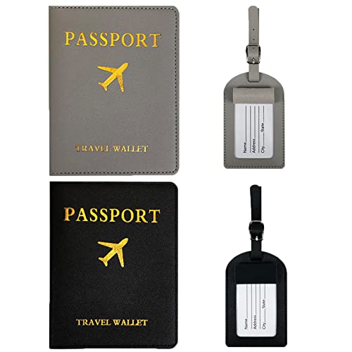 Porte-Passeport Housse Set 2 Pcs Couvertures de Passeport et 2 Pcs Étiquettes à Bagages Kit d'Étiquette Bagage et Couverture de Passeport en PU Cuir Protege Passeport pour Embarquement et Identit Cover