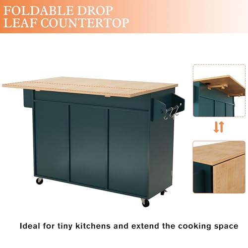 HOLTICO Kitchen Island on Wheels, Kitchen Trolley With Worktop Storage Islands & Carts Rolling Kitchen Island Cart With Drop Leaf Countertop Vegetable Rack on Wheels, (Green) - Image 4