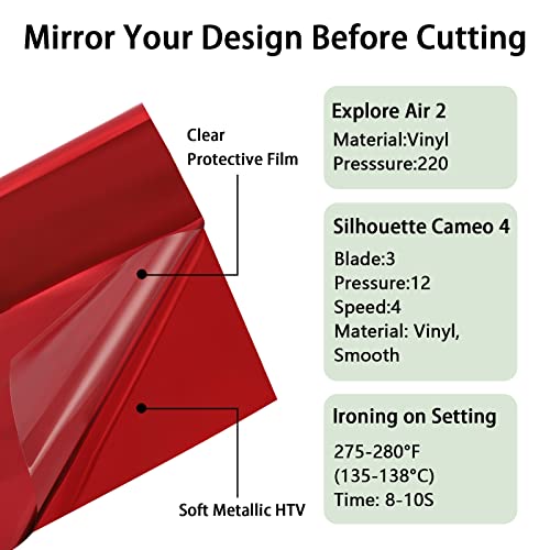 Ahijoy Heat Transfer Vinyl Red Metallic Foil Htv 12"X10Ft Chrome Htv Iron On Vinyl For T Shirts Garment Fabric Clothing,Red #TOP2