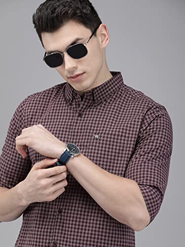 Image of THE BEAR HOUSE Men's Maroon Cotton Slim Fit Button-Down Casual Shirt