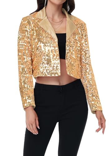 Anna-Kaci Women's Sparkly Crop Sequin Blazer Jacket Long Sleeve Party Club Cardigan Out, Black and Silver, Large2