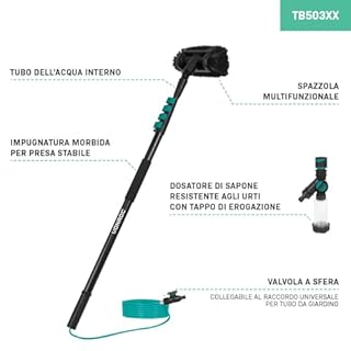 VONROC Spazzola telescopica- 4,60 m - Include spazzola multiuso, tubo flessibile da 6 metri e dispenser di sapone