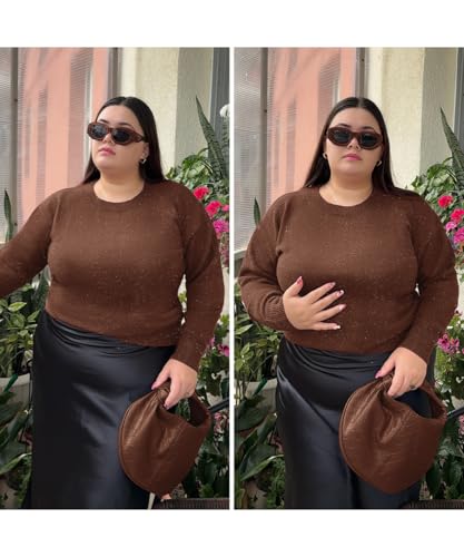 Image of CARCOS Plus Size Sweaters for Women Solid Crew Neck Knit Tops Casual Long Sleeve Pullover Sweater Sparkly Tunic Shirts