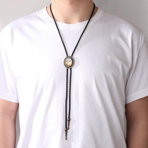 Image of AZORA Western Cowboy Bolo Tie Men Leather Necktie Leather Cord Turquoise Stone Bolo Ties for Men Women
