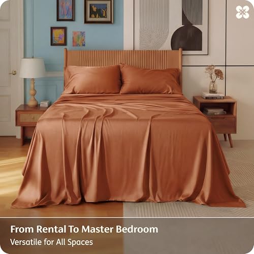 Image of Bedsure Queen Sheet Set, Rayon Derived from Bamboo, Cooling Sheets, PureWoven, Breathable & Soft, Deep Pocket Up to 16 Inches, Hotel Luxury Silky Bedding for Hot Sleepers, Burnt Orange