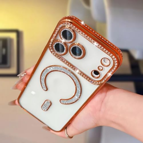 Image of for iPhone 17 Pro Max Magnetic Glitter Case,Luxury Bling Rhinestone Diamond Plated Bumper Case Sparkle Camera Lens Protection Clear Cover for iPhone 17 Pro Max (Orange)