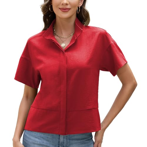 Ainangua Women Casual Button Down Shirts Oversized Short Sleeve Stand Collar Tops Trendy Work Blouses Summer Travel Outfits(Red,S)2