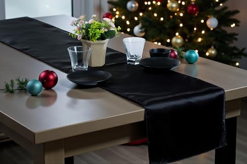 MDS Christmas Satin Table Runners - 10 Pack, 12 x 108 Inches - Bright Silk Sateen Table Decor for Harvest Dinner, Thanksgiving, New Year Party, Wedding, Holiday Banquet Dining Décor - Black