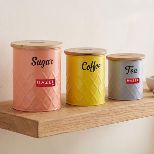 Image of HAZEL Tea Coffee Sugar Container Set of 3 with Airtight Wooden Lid