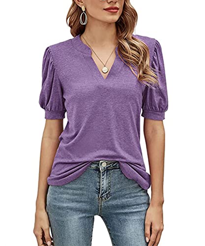 QLEVAK T-Shirt Femme Manche Courte Manches Bouffantes Col V T-Shirt Chic Vintage Top Sexy Tunique Coton Décontractée Sport Basiques Grande Taille Cover
