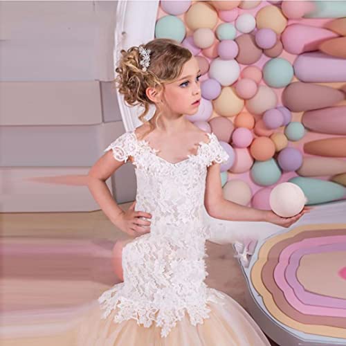 Mermaid Flower Girl Dresses for Wedding White Lace Champagne Tulle Kids Junior Birdesmaid Dress with Train4