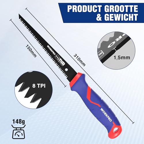 WORKPRO Jab-zaag 150mm met Bimetalen Mes 8TPI Gipskartonzaag Gipsplaat Zaag Jab-handzagen, Ideaal voor Zagen van Gipsplaten Wandbord Multiplex - Afbeelding 3
