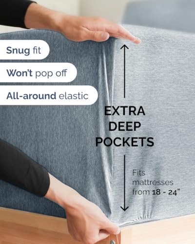 Image of Extra Deep Flex Top Split Head King Sheet Set - 6 Piece Breathable and Cooling Sheets - Hotel Luxury Bedding for Women, Men, Kids & Teens - Easy Secure Fit - Extra Deep Pockets - Heathered Blue