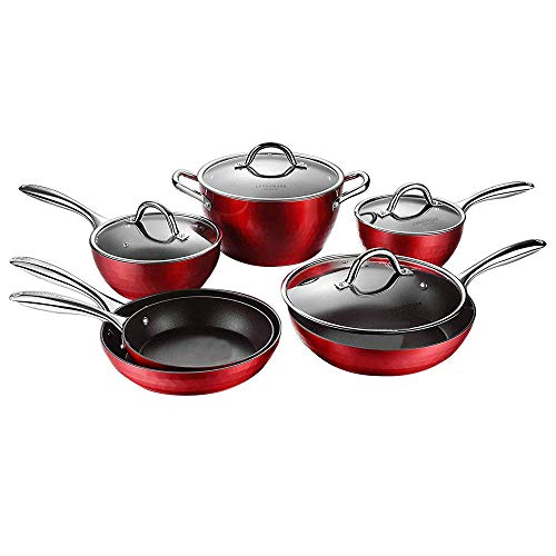COOKSMARK Batterie de Cuisine Aluminium avec revêtement antiadhésif Lot de poêles et casseroles à Induction 10 pièces Rouge avec couvercles en Verre Compatible au Lave-Vaisselle et au Four