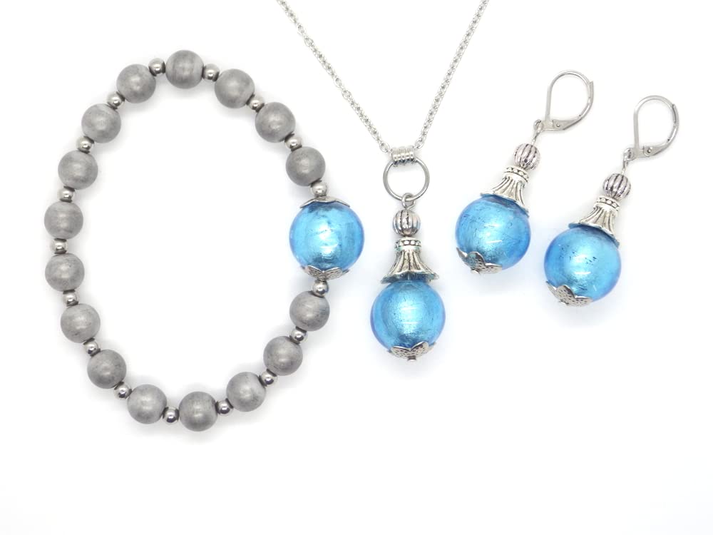 Conjunto de joyería pendientes, collar y pulsera en acero inoxidable, hematites y cuentas de cristal de Murano azul turquesa